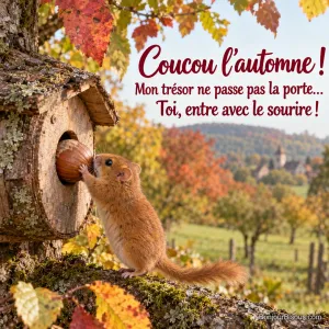 Un muscardin pousse une noisette trop grosse devant la petite porte de son abri. Le message est : « Coucou l’automne ! Mon trésor ne passe pas la porte… Toi, entre avec le sourire ! ».