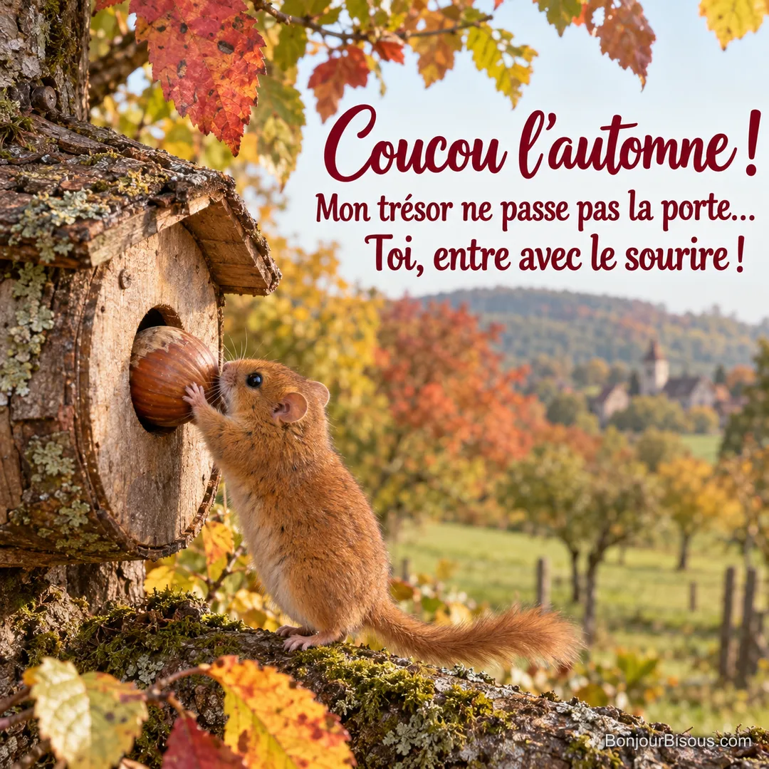 Un muscardin pousse une noisette trop grosse devant la petite porte de son abri. Le message est : « Coucou l’automne ! Mon trésor ne passe pas la porte… Toi, entre avec le sourire ! ». Un muscardin pousse une noisette trop grosse devant la petite porte de son abri. Le message est : « Coucou l’automne ! Mon trésor ne passe pas la porte… Toi, entre avec le sourire ! ».