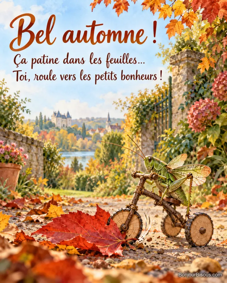 Une sauterelle sur un petit tricycle de brindilles patine contre une feuille d’automne. Le message est : « Bel automne ! Ça patine dans les feuilles… Toi, roule vers les petits bonheurs ! ».