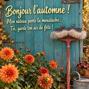 Un râteau rouge semble porter une grande moustache de graines plumeuses de clématite. Le message est : « Bonjour l’automne ! Mon râteau porte la moustache… Toi, garde ton air de fête ! ».