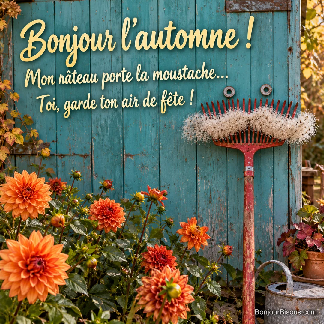 Un râteau rouge semble porter une grande moustache de graines plumeuses de clématite. Le message est : « Bonjour l’automne ! Mon râteau porte la moustache… Toi, garde ton air de fête ! ». Un râteau rouge semble porter une grande moustache de graines plumeuses de clématite. Le message est : « Bonjour l’automne ! Mon râteau porte la moustache… Toi, garde ton air de fête ! ».
