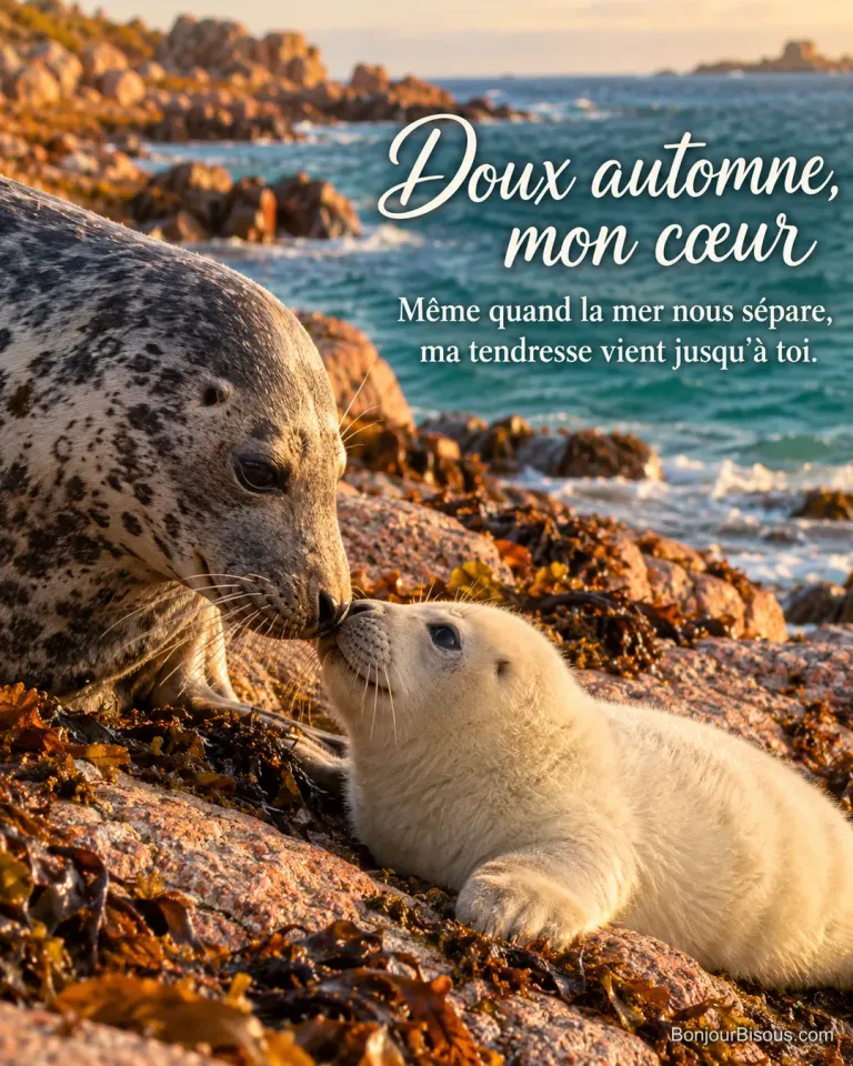Une maman phoque touche tendrement le museau de son petit sur une plage bretonne d’automne. Le message est : « Doux automne, mon cœur Même quand la mer nous sépare, ma tendresse vient jusqu’à toi. ».