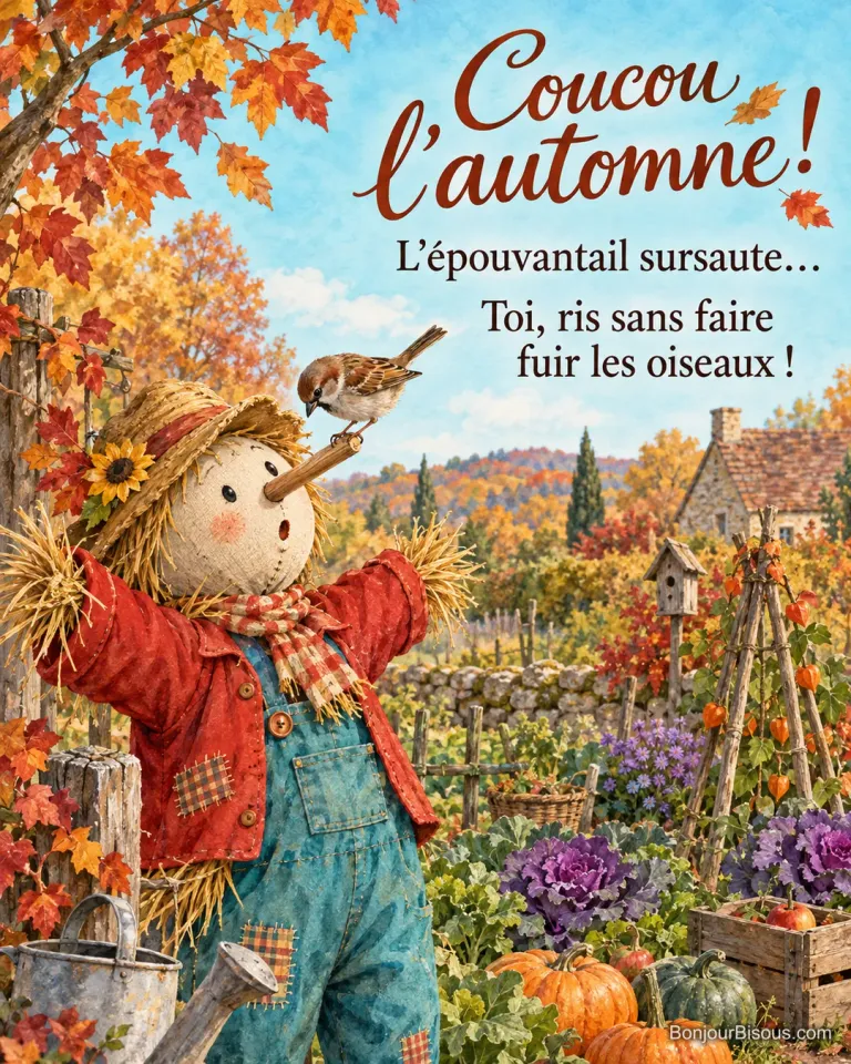 Un épouvantail de paille sursaute devant un moineau perché sur son nez. Le message est : « Coucou l’automne ! L’épouvantail sursaute… Toi, ris sans faire fuir les oiseaux ! ».