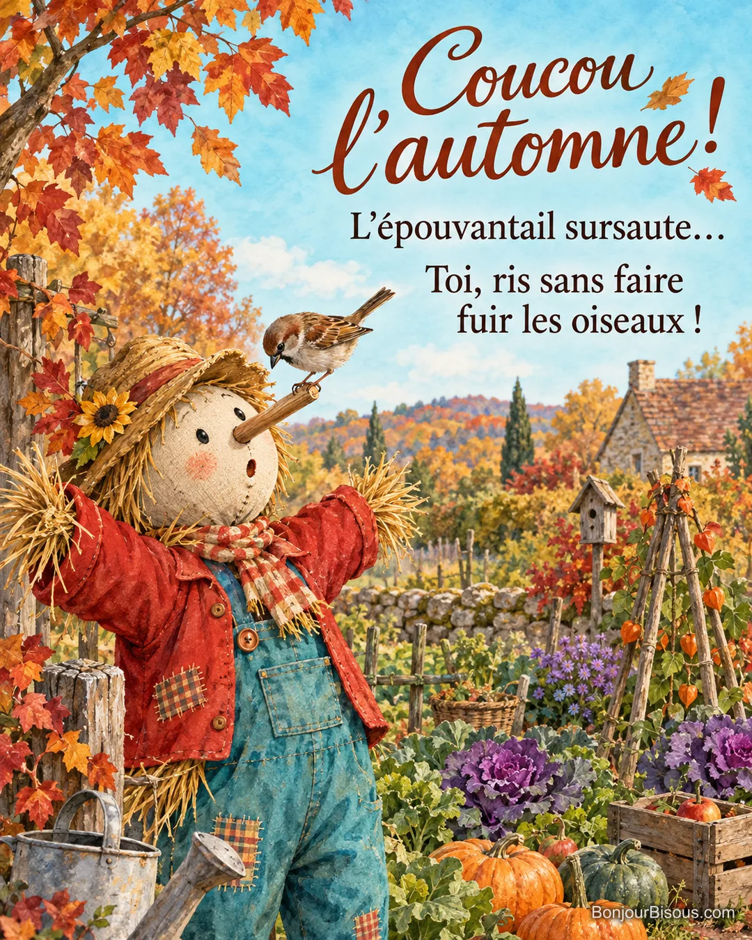 Un épouvantail de paille sursaute devant un moineau perché sur son nez. Le message est : « Coucou l’automne ! L’épouvantail sursaute… Toi, ris sans faire fuir les oiseaux ! ». Un épouvantail de paille sursaute devant un moineau perché sur son nez. Le message est : « Coucou l’automne ! L’épouvantail sursaute… Toi, ris sans faire fuir les oiseaux ! ».