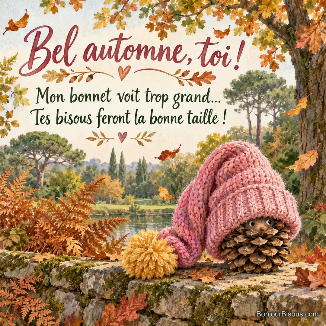 Une petite pomme de pin disparaît presque sous un bonnet rose beaucoup trop grand. Le message est : « Bel automne, toi ! Mon bonnet voit trop grand… Tes bisous feront la bonne taille ! ». Une petite pomme de pin disparaît presque sous un bonnet rose beaucoup trop grand. Le message est : « Bel automne, toi ! Mon bonnet voit trop grand… Tes bisous feront la bonne taille ! ».