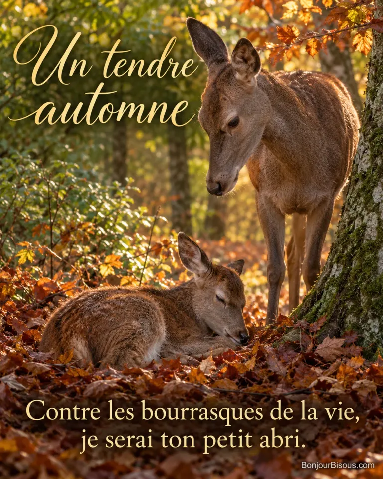 Une biche protège son faon couché dans les feuilles en se plaçant du côté du vent. Le message est : « Un tendre automne Contre les bourrasques de la vie, je serai ton petit abri. ».