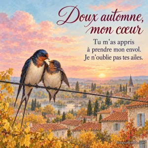 Une hirondelle pose son aile sur une jeune avant le départ migratoire de l’automne. Le message est : « Doux automne, mon cœur Tu m’as appris à prendre mon envol. Je n’oublie pas tes ailes. ».