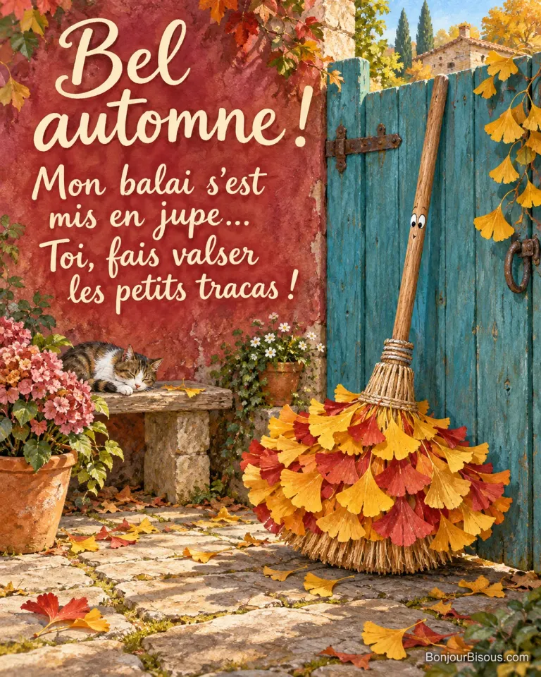 Un balai de paille porte une grande jupe de feuilles automnales comme s’il allait danser. Le message est : « Bel automne ! Mon balai s’est mis en jupe… Toi, fais valser les petits tracas ! ».