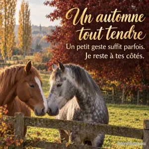 Deux chevaux alezan et gris pommelé se touchent doucement le museau dans un pré d’automne. Le message est : « Un automne tout tendre Un petit geste suffit parfois. Je reste à tes côtés. ».