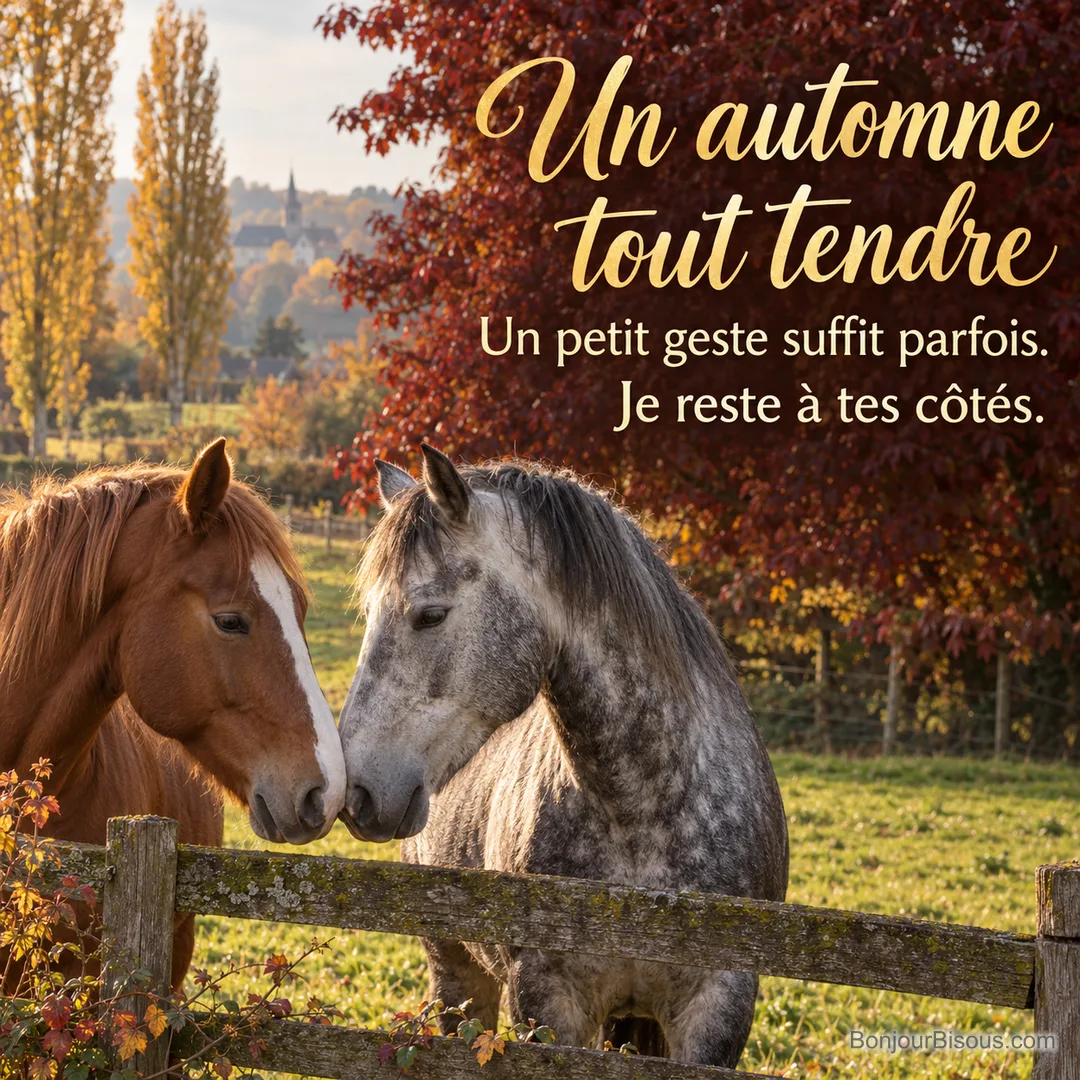 Deux chevaux alezan et gris pommelé se touchent doucement le museau dans un pré d’automne. Le message est : « Un automne tout tendre Un petit geste suffit parfois. Je reste à tes côtés. ».