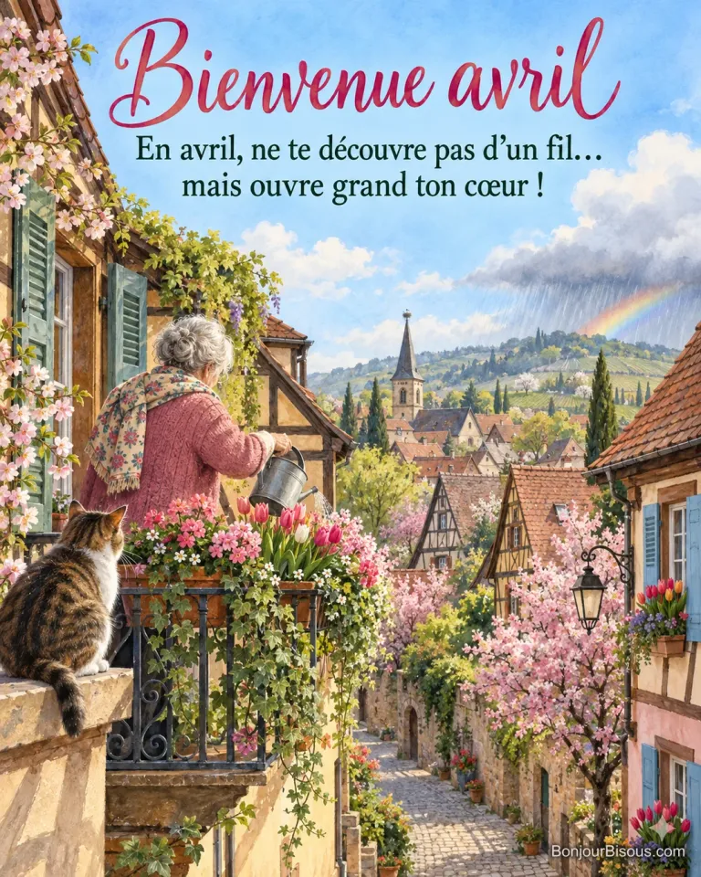 Peinture d’une vieille dame vue de dos qui arrose les tulipes de son balcon dans une rue de village alsacien fleurie de cerisiers, un chat sur le muret et un arc-en-ciel, avec le texte « Bienvenue avril – En avril, ne te découvre pas d’un fil… mais ouvre grand ton cœur ! »