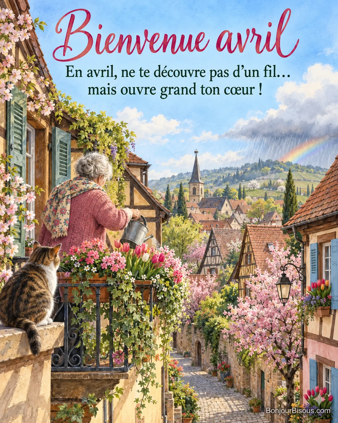 Peinture d’une vieille dame vue de dos qui arrose les tulipes de son balcon dans une rue de village alsacien fleurie de cerisiers, un chat sur le muret et un arc-en-ciel, avec le texte « Bienvenue avril – En avril, ne te découvre pas d’un fil… mais ouvre grand ton cœur ! »
