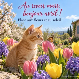 Photo d’un chaton roux dans un parterre de tulipes et de jacinthes qui regarde un papillon posé sur une tulipe, arbre en fleurs au fond, avec le texte « Au revoir mars, bonjour avril ! Place aux fleurs et au soleil ! »
