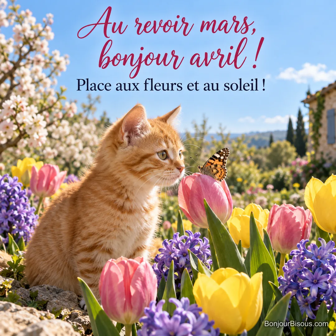Photo d’un chaton roux dans un parterre de tulipes et de jacinthes qui regarde un papillon posé sur une tulipe, arbre en fleurs au fond, avec le texte « Au revoir mars, bonjour avril ! Place aux fleurs et au soleil ! » Photo d’un chaton roux dans un parterre de tulipes et de jacinthes qui regarde un papillon posé sur une tulipe, arbre en fleurs au fond, avec le texte « Au revoir mars, bonjour avril ! Place aux fleurs et au soleil ! »