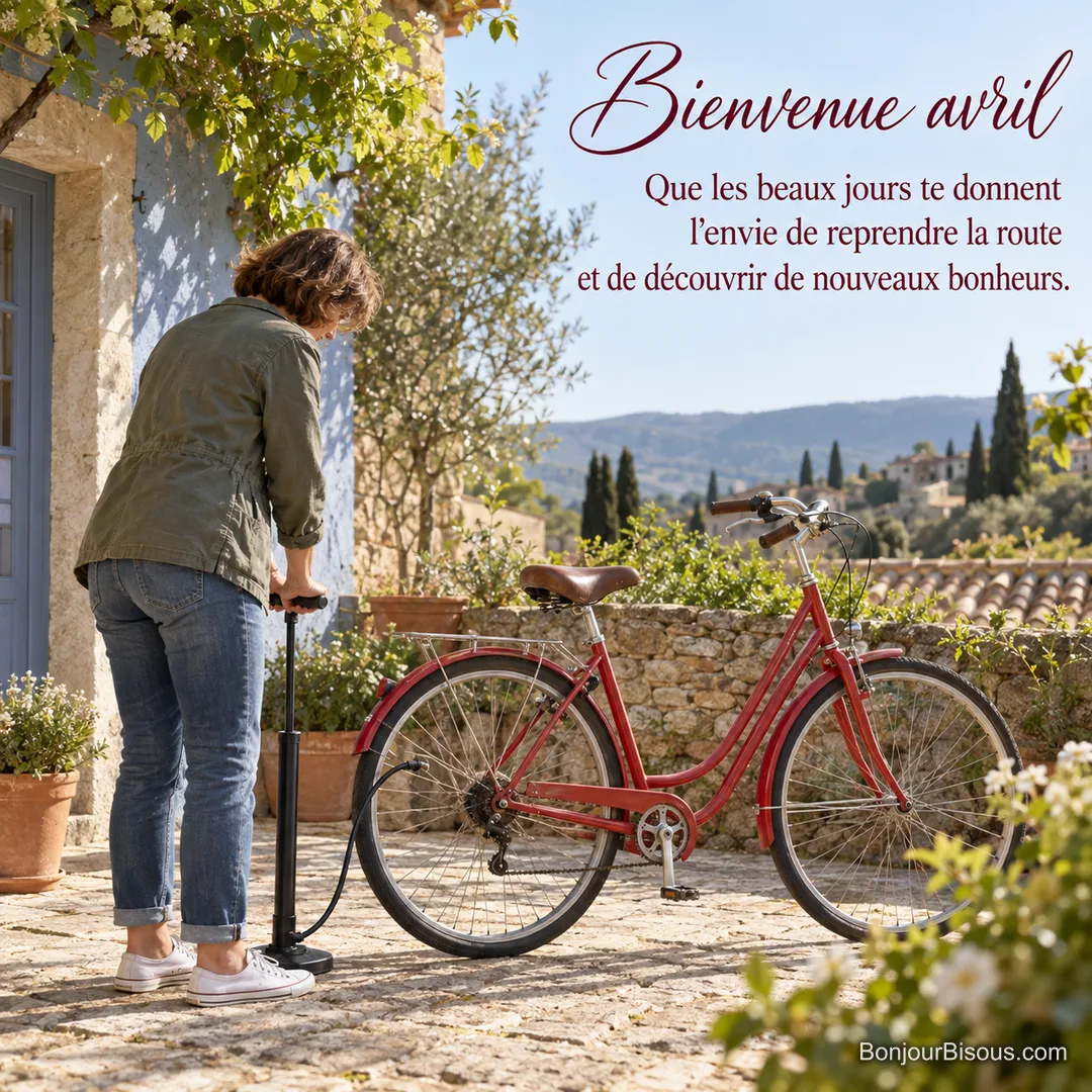 Une femme regonfle le pneu d’un vélo rouge dans une cour de village provençal, avec le texte « Bienvenue avril Que les beaux jours te donnent l’envie de reprendre la route et de découvrir de nouveaux bonheurs. ». Une femme regonfle le pneu d’un vélo rouge dans une cour de village provençal, avec le texte « Bienvenue avril Que les beaux jours te donnent l’envie de reprendre la route et de découvrir de nouveaux bonheurs. ».