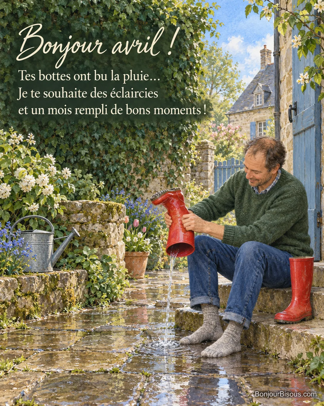 Un homme vide l’eau d’une botte rouge après une averse dans une cour normande, avec le texte « Bonjour avril ! Tes bottes ont bu la pluie… Je te souhaite des éclaircies et un mois rempli de bons moments ! ». Un homme vide l’eau d’une botte rouge après une averse dans une cour normande, avec le texte « Bonjour avril ! Tes bottes ont bu la pluie… Je te souhaite des éclaircies et un mois rempli de bons moments ! ».
