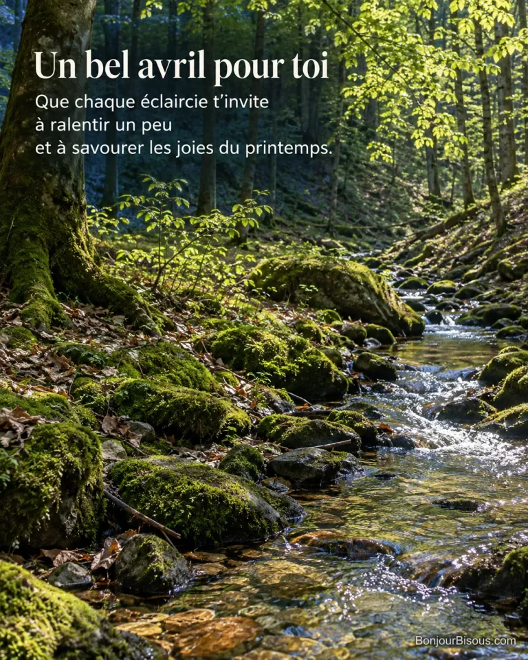 Un ruisselet traverse des pierres couvertes de mousse dans un sous-bois vosgien, avec le texte « Un bel avril pour toi Que chaque éclaircie t’invite à ralentir un peu et à savourer les joies du printemps. ».