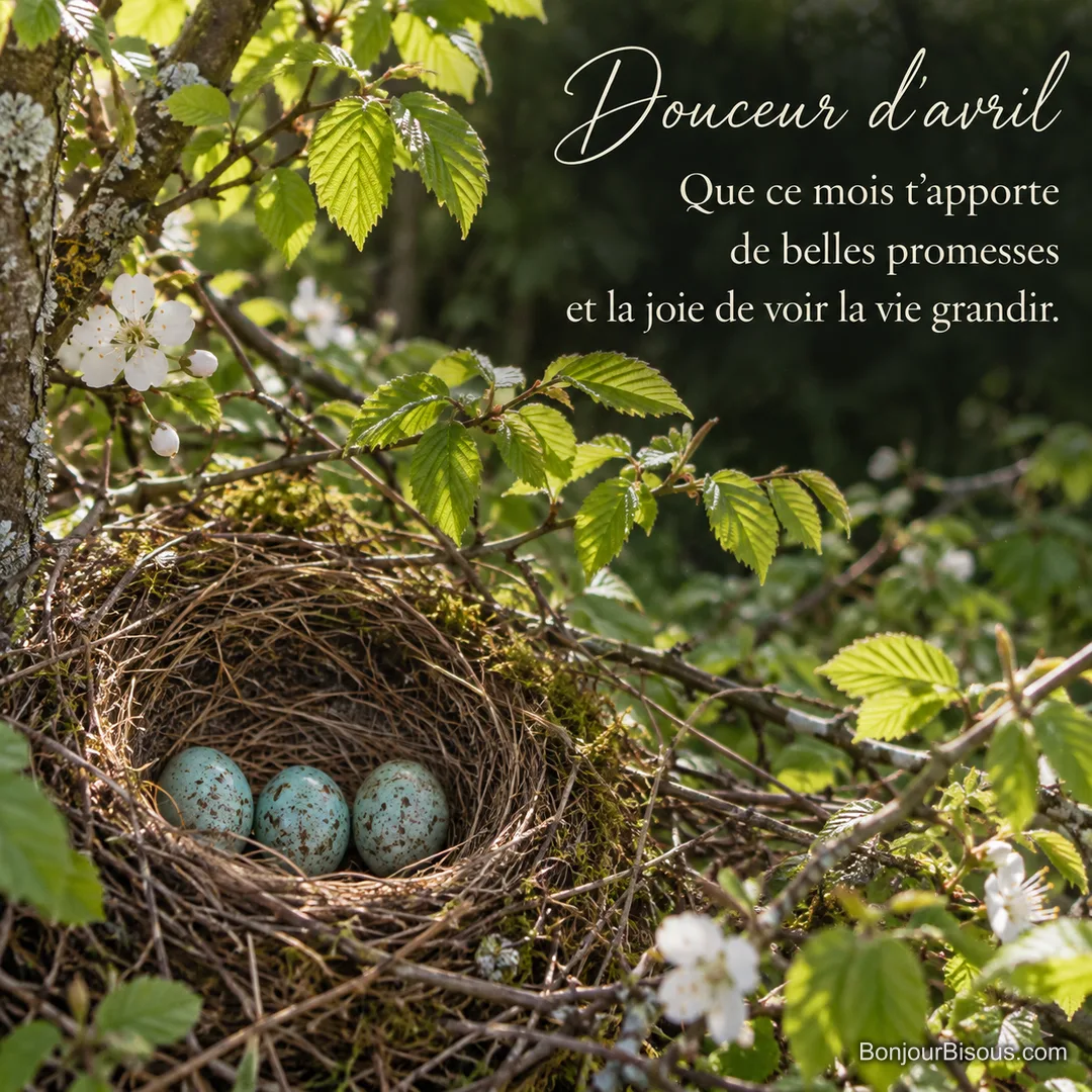 Un nid abrite trois œufs bleu-vert sur une branche fleurie au printemps, avec le texte « Douceur d’avril Que ce mois t’apporte de belles promesses et la joie de voir la vie grandir. ». Un nid abrite trois œufs bleu-vert sur une branche fleurie au printemps, avec le texte « Douceur d’avril Que ce mois t’apporte de belles promesses et la joie de voir la vie grandir. ».