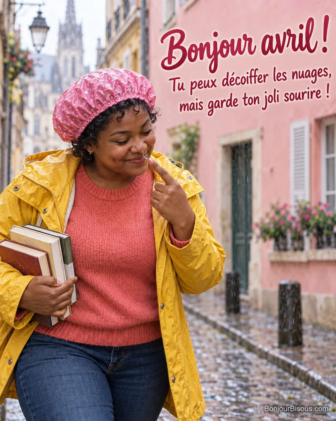 Surprise par une averse, une femme rit avec une charlotte de douche rose sur ses boucles, avec le texte « Bonjour avril ! Tu peux décoiffer les nuages, mais garde ton joli sourire ! ». Surprise par une averse, une femme rit avec une charlotte de douche rose sur ses boucles, avec le texte « Bonjour avril ! Tu peux décoiffer les nuages, mais garde ton joli sourire ! ».