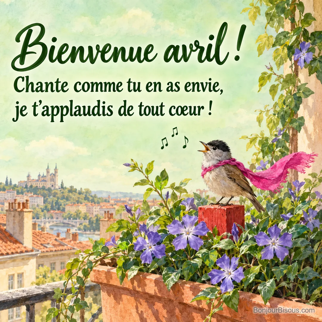 Une fauvette à tête noire chante comme une diva, un long petit foulard rose sur les épaules, avec le texte « Bienvenue avril ! Chante comme tu en as envie, je t’applaudis de tout cœur ! ». Une fauvette à tête noire chante comme une diva, un long petit foulard rose sur les épaules, avec le texte « Bienvenue avril ! Chante comme tu en as envie, je t’applaudis de tout cœur ! ».