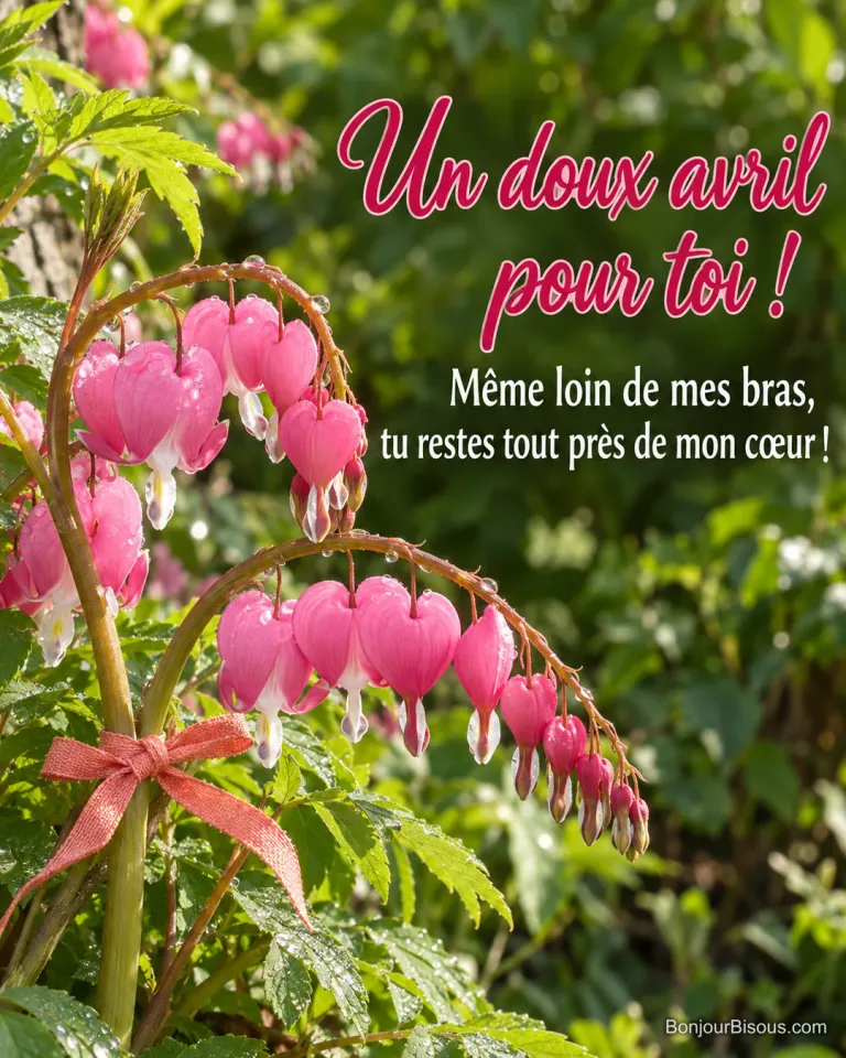 Des fleurs roses de cœur-de-marie rapprochent leurs tiges comme une douce étreinte, avec le texte « Un doux avril pour toi ! Même loin de mes bras, tu restes tout près de mon cœur ! ».