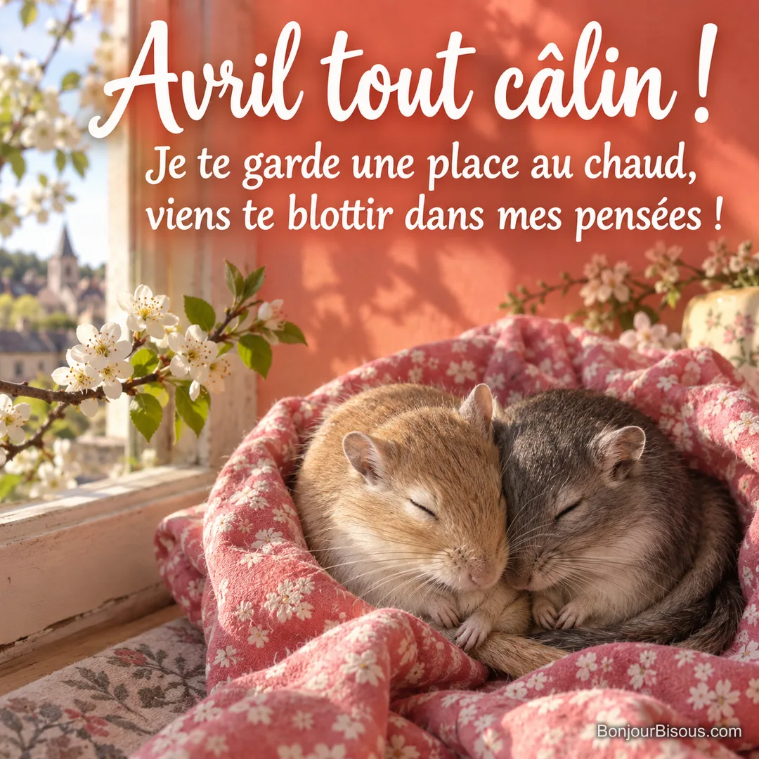 Deux gerbilles, sable et gris charbon, dorment serrées dans un mouchoir rose fleuri, avec le texte « Avril tout câlin ! Je te garde une place au chaud, viens te blottir dans mes pensées ! ». Deux gerbilles, sable et gris charbon, dorment serrées dans un mouchoir rose fleuri, avec le texte « Avril tout câlin ! Je te garde une place au chaud, viens te blottir dans mes pensées ! ».