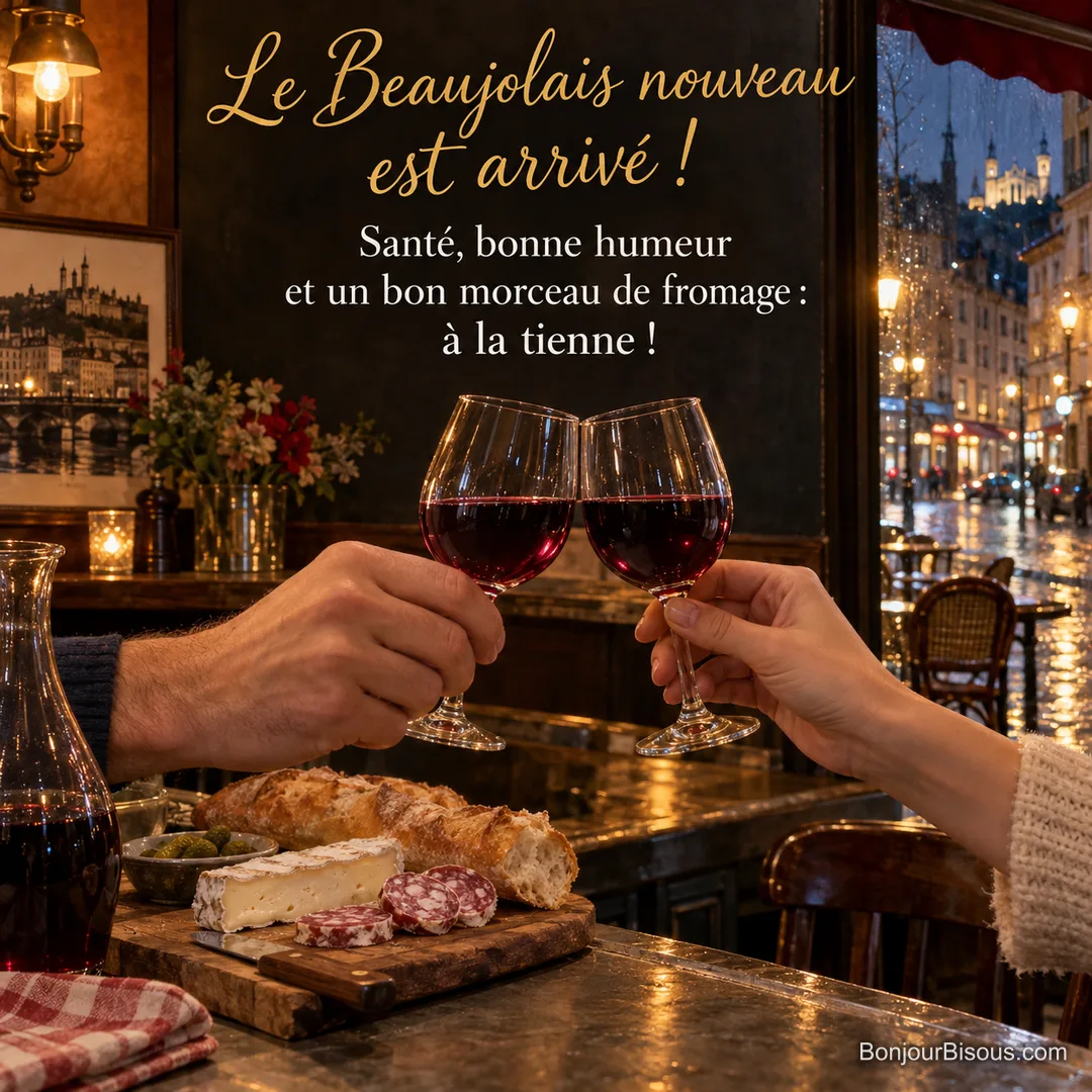 Photo de deux mains qui trinquent avec des verres de vin rouge sur un comptoir de bistrot en bois et zinc, avec un pot lyonnais, du fromage, du saucisson et une baguette, avec le texte « Le Beaujolais nouveau est arrivé ! Santé, bonne humeur et un bon morceau de fromage : à la tienne ! » Photo de deux mains qui trinquent avec des verres de vin rouge sur un comptoir de bistrot en bois et zinc, avec un pot lyonnais, du fromage, du saucisson et une baguette, avec le texte « Le Beaujolais nouveau est arrivé ! Santé, bonne humeur et un bon morceau de fromage : à la tienne ! »