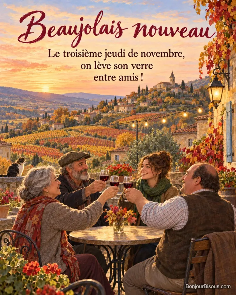 Peinture de quatre amis attablés en terrasse qui lèvent leurs verres de vin rouge, avec un village en pierres dorées et des vignes d’automne, avec le texte « Beaujolais nouveau – Le troisième jeudi de novembre, on lève son verre entre amis ! »