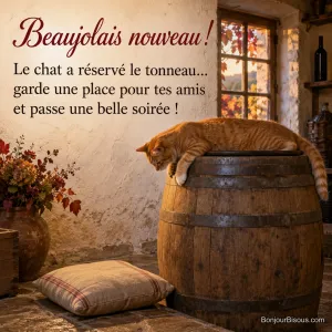 Un chat roux s’étale sur un tonneau fermé et regarde un coussin tombé dans une cave du Beaujolais, avec le texte « Beaujolais nouveau ! Le chat a réservé le tonneau… garde une place pour tes amis et passe une belle soirée ! ».