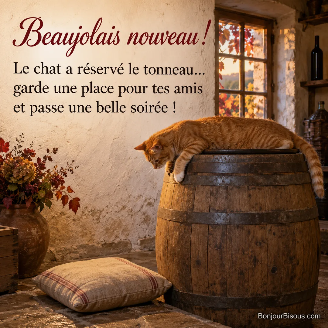 Un chat roux s’étale sur un tonneau fermé et regarde un coussin tombé dans une cave du Beaujolais, avec le texte « Beaujolais nouveau ! Le chat a réservé le tonneau… garde une place pour tes amis et passe une belle soirée ! ». Un chat roux s’étale sur un tonneau fermé et regarde un coussin tombé dans une cave du Beaujolais, avec le texte « Beaujolais nouveau ! Le chat a réservé le tonneau… garde une place pour tes amis et passe une belle soirée ! ».