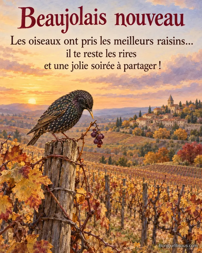 Un étourneau observe une grappe oubliée au-dessus des vignes dorées et d’un village du Beaujolais, avec le texte « Beaujolais nouveau Les oiseaux ont pris les meilleurs raisins… il te reste les rires et une jolie soirée à partager ! ».