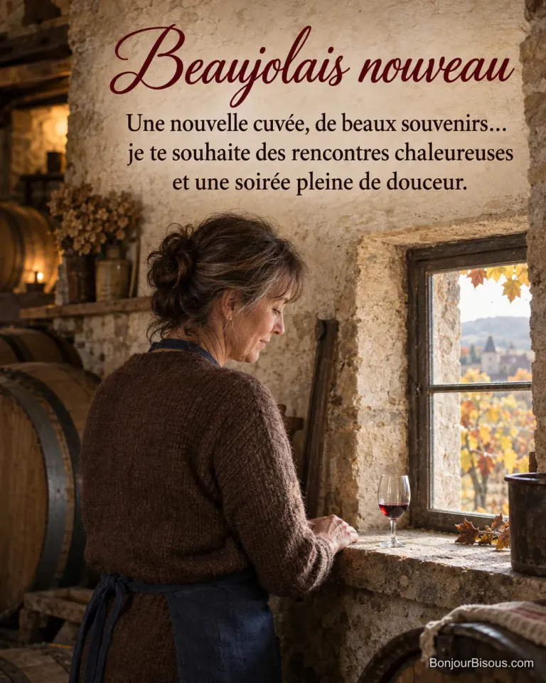 Une vigneronne regarde un petit verre de vin posé près de la fenêtre d’une cave ancienne, avec le texte « Beaujolais nouveau Une nouvelle cuvée, de beaux souvenirs… je te souhaite des rencontres chaleureuses et une soirée pleine de douceur. ».