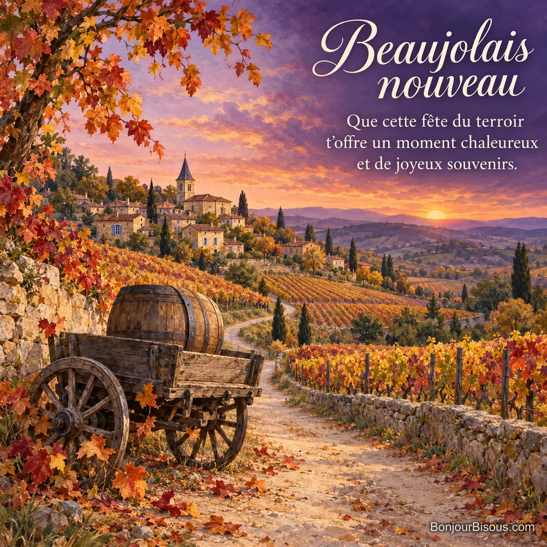 Une charrette portant un tonneau borde un chemin entre les vignes d’automne et un village aux pierres dorées, avec le texte « Beaujolais nouveau Que cette fête du terroir t’offre un moment chaleureux et de joyeux souvenirs. ». Une charrette portant un tonneau borde un chemin entre les vignes d’automne et un village aux pierres dorées, avec le texte « Beaujolais nouveau Que cette fête du terroir t’offre un moment chaleureux et de joyeux souvenirs. ».