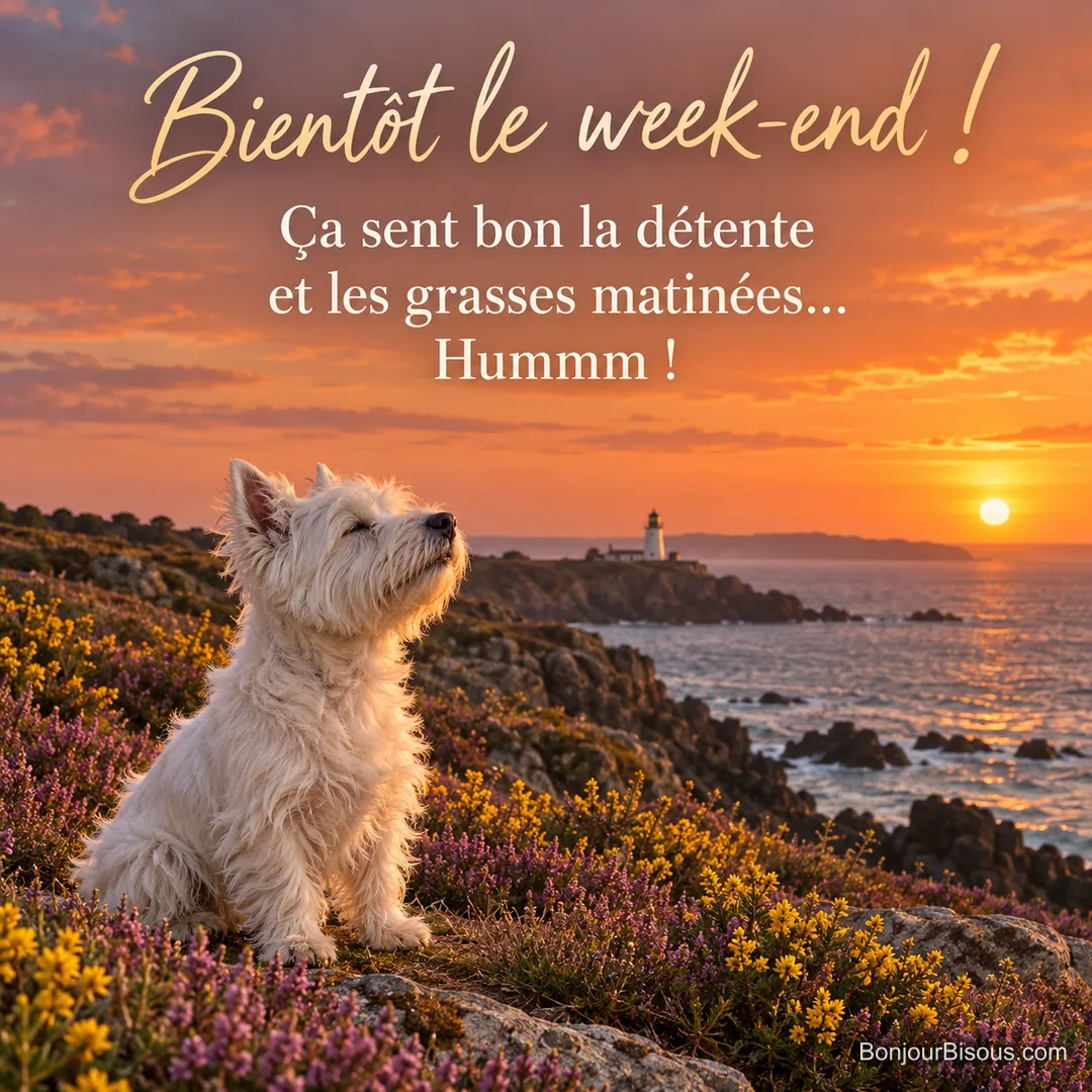 Photo d’un westie blanc assis dans la bruyère et les ajoncs d’une falaise, museau levé vers le vent, avec la mer, un phare et le soleil couchant, avec le texte « Bientôt le week-end ! Ça sent bon la détente et les grasses matinées… Hummm ! » Photo d’un westie blanc assis dans la bruyère et les ajoncs d’une falaise, museau levé vers le vent, avec la mer, un phare et le soleil couchant, avec le texte « Bientôt le week-end ! Ça sent bon la détente et les grasses matinées… Hummm ! »