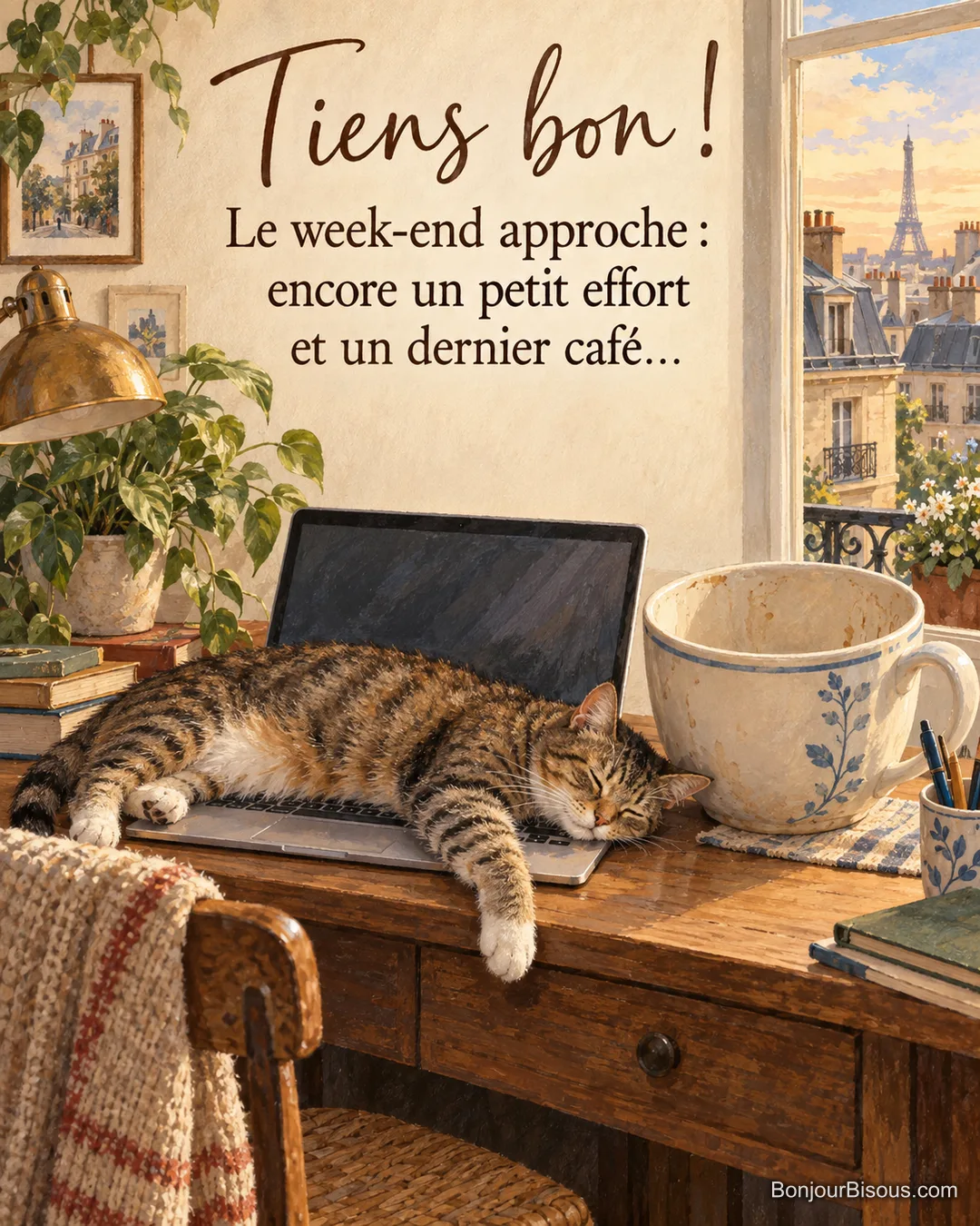 Peinture d’un chat tigré endormi sur le clavier d’un ordinateur portable, une grande tasse vide à côté, fenêtre ouverte sur les toits de Paris et la tour Eiffel, avec le texte « Tiens bon ! Le week-end approche : encore un petit effort et un dernier café… » Peinture d’un chat tigré endormi sur le clavier d’un ordinateur portable, une grande tasse vide à côté, fenêtre ouverte sur les toits de Paris et la tour Eiffel, avec le texte « Tiens bon ! Le week-end approche : encore un petit effort et un dernier café… »