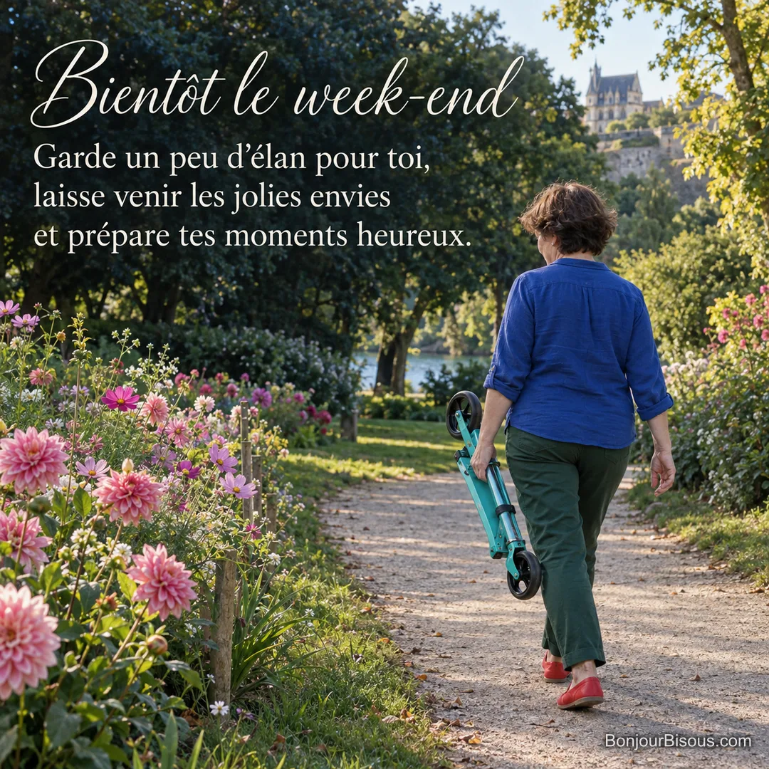 Une femme marche dans un parc fleuri d’Angers en portant sa trottinette turquoise pliée, avec le texte « Bientôt le week-end Garde un peu d’élan pour toi, laisse venir les jolies envies et prépare tes moments heureux. » Une femme marche dans un parc fleuri d’Angers en portant sa trottinette turquoise pliée, avec le texte « Bientôt le week-end Garde un peu d’élan pour toi, laisse venir les jolies envies et prépare tes moments heureux. »