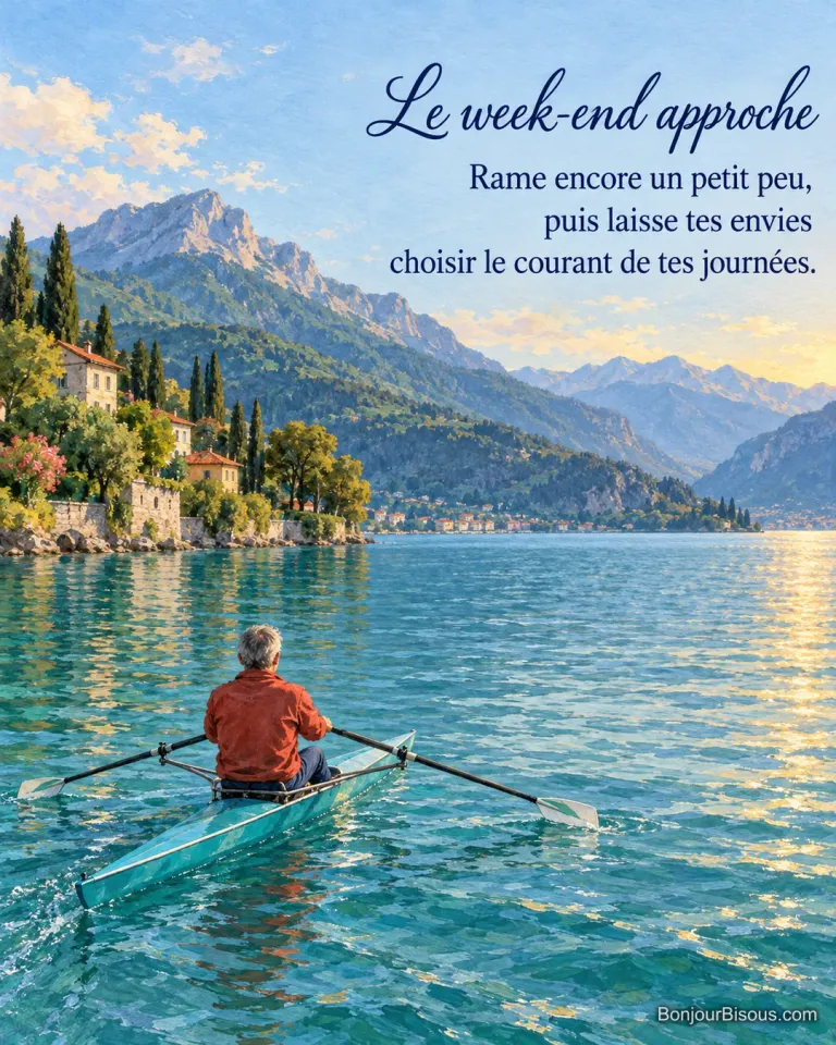 Un rameur en veste rouge glisse sur le lac d’Annecy dans une embarcation turquoise, avec le texte « Le week-end approche Rame encore un petit peu, puis laisse tes envies choisir le courant de tes journées. »