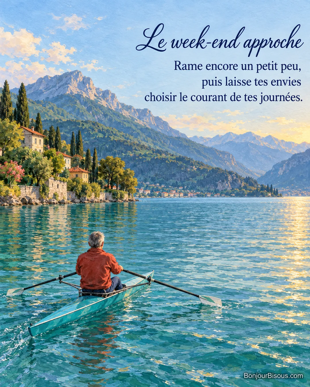 Un rameur en veste rouge glisse sur le lac d’Annecy dans une embarcation turquoise, avec le texte « Le week-end approche Rame encore un petit peu, puis laisse tes envies choisir le courant de tes journées. » Un rameur en veste rouge glisse sur le lac d’Annecy dans une embarcation turquoise, avec le texte « Le week-end approche Rame encore un petit peu, puis laisse tes envies choisir le courant de tes journées. »