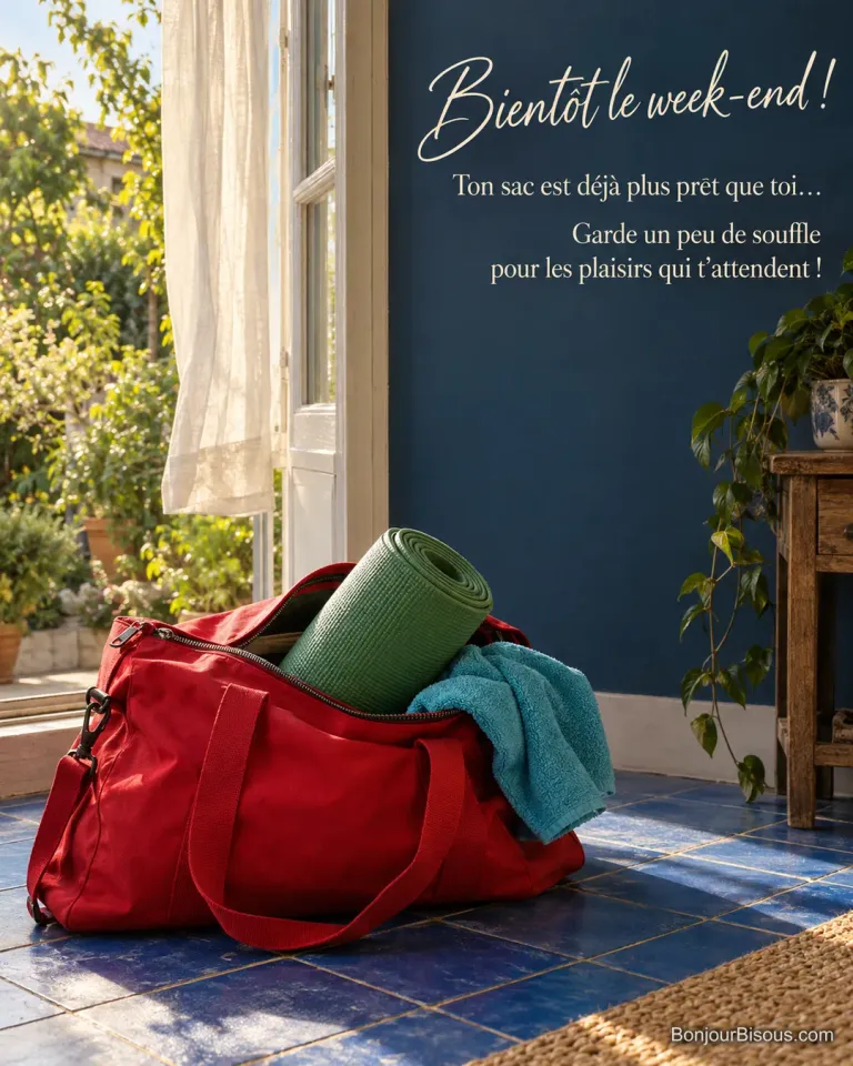 Un tapis vert et une serviette turquoise dépassent d’un sac de sport rouge prêt à partir, avec le texte « Bientôt le week-end ! Ton sac est déjà plus prêt que toi… Garde un peu de souffle pour les plaisirs qui t’attendent ! »