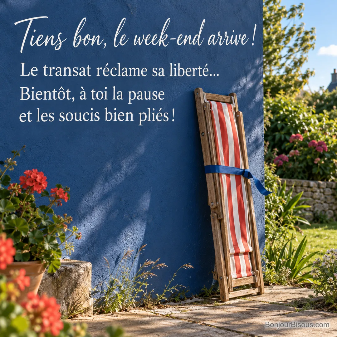 Un transat rayé rouge et blanc reste plié contre un mur bleu, retenu par une sangle, avec le texte « Tiens bon, le week-end arrive ! Le transat réclame sa liberté… Bientôt, à toi la pause et les soucis bien pliés ! » Un transat rayé rouge et blanc reste plié contre un mur bleu, retenu par une sangle, avec le texte « Tiens bon, le week-end arrive ! Le transat réclame sa liberté… Bientôt, à toi la pause et les soucis bien pliés ! »