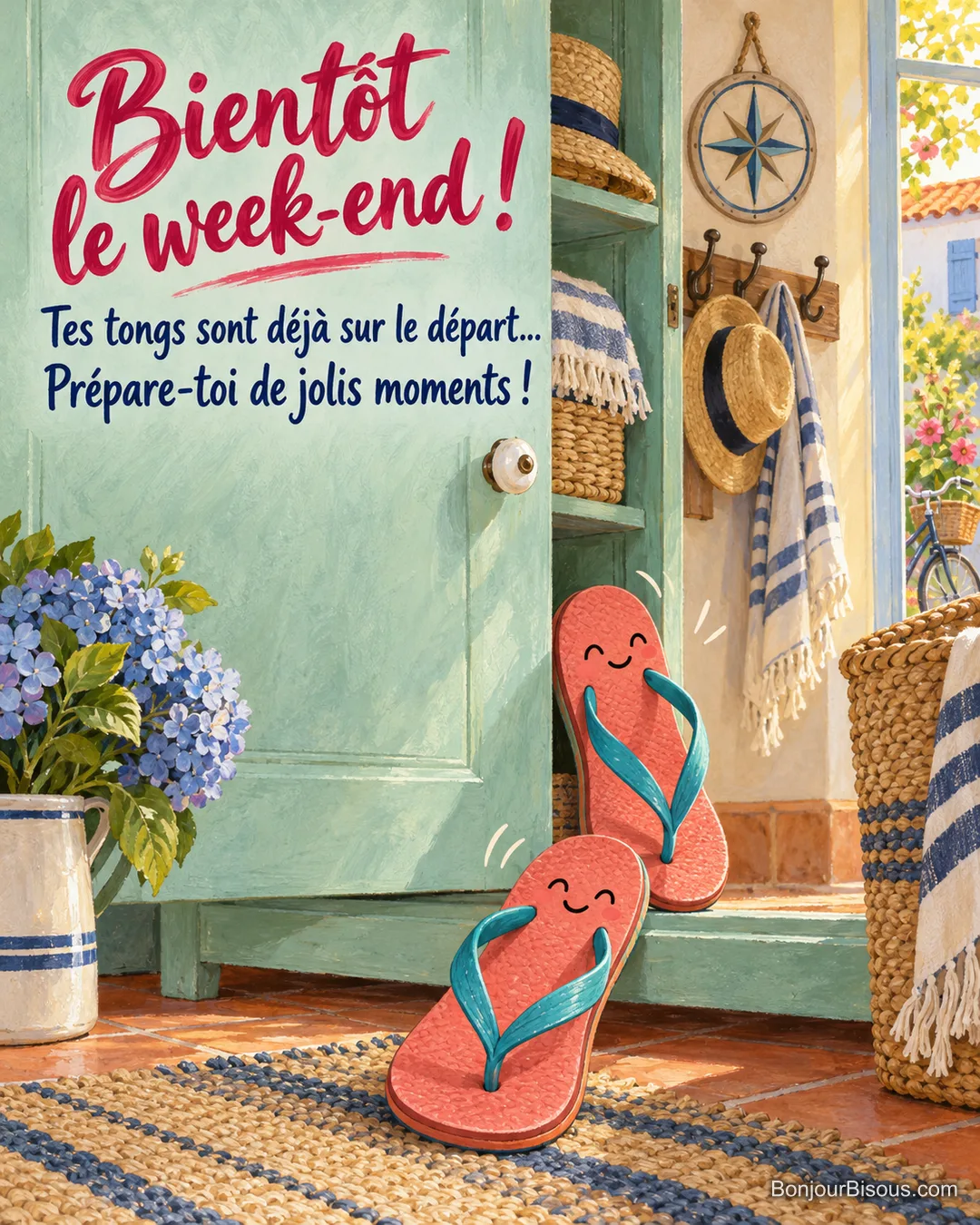 Deux tongs souriantes s’échappent d’un placard comme si elles attendaient déjà le week-end, avec le texte « Bientôt le week-end ! Tes tongs sont déjà sur le départ… Prépare-toi de jolis moments ! ». Deux tongs souriantes s’échappent d’un placard comme si elles attendaient déjà le week-end, avec le texte « Bientôt le week-end ! Tes tongs sont déjà sur le départ… Prépare-toi de jolis moments ! ».