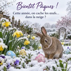 Photo d’un lapin brun dans un jardin couvert d’une neige de printemps, avec des œufs peints à moitié enfouis et des jonquilles enneigées, avec le texte « Bientôt Pâques ! Cette année, on cache les œufs… dans la neige ? »