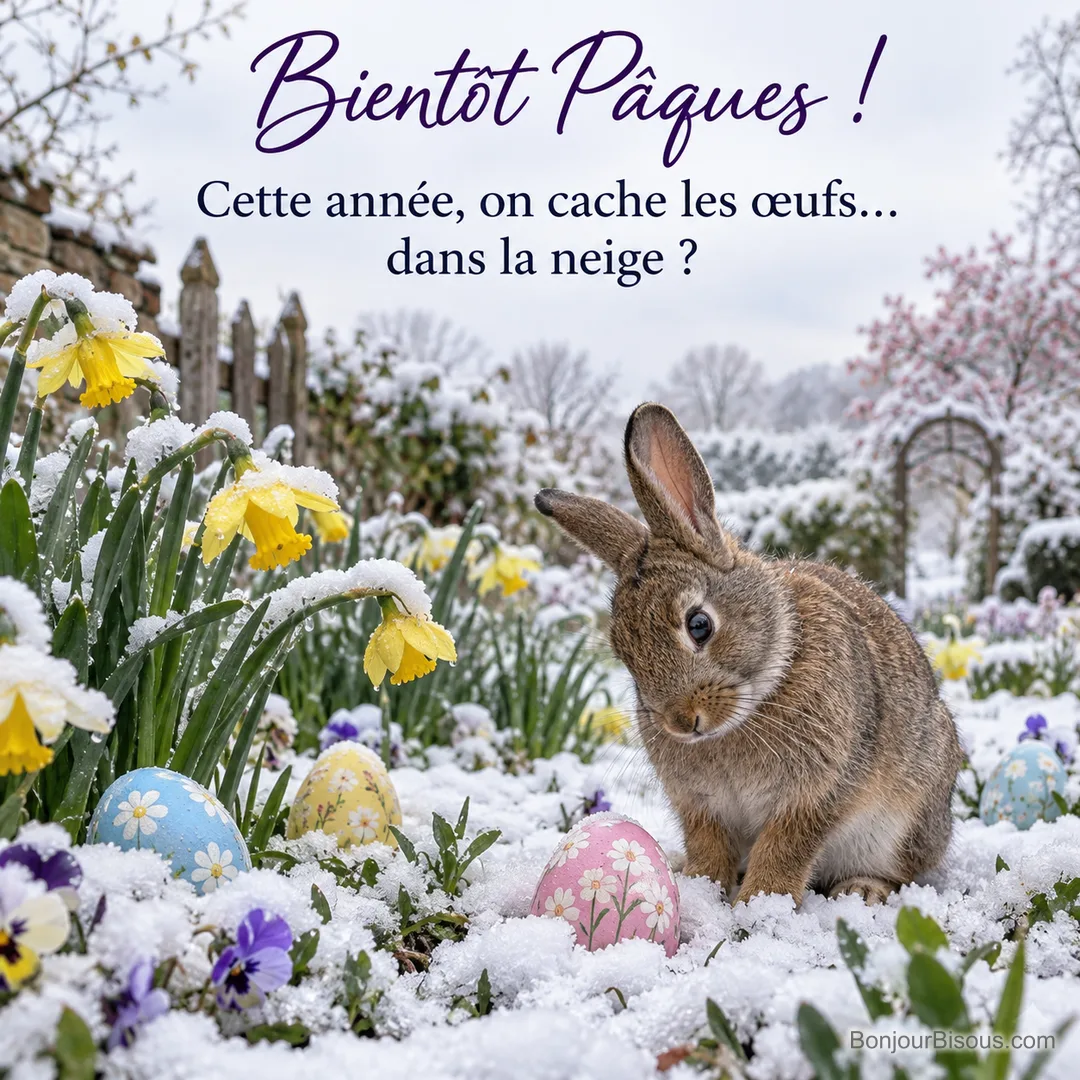 Photo d’un lapin brun dans un jardin couvert d’une neige de printemps, avec des œufs peints à moitié enfouis et des jonquilles enneigées, avec le texte « Bientôt Pâques ! Cette année, on cache les œufs… dans la neige ? » Photo d’un lapin brun dans un jardin couvert d’une neige de printemps, avec des œufs peints à moitié enfouis et des jonquilles enneigées, avec le texte « Bientôt Pâques ! Cette année, on cache les œufs… dans la neige ? »