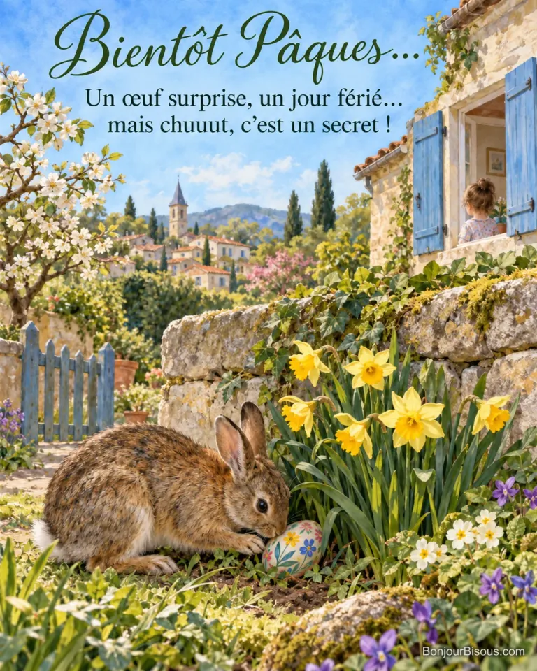 Peinture d’un lapin brun qui pousse un œuf peint sous des jonquilles au pied d’un muret, une fillette à la fenêtre aux volets bleus et un village provençal, avec le texte « Bientôt Pâques… Un œuf surprise, un jour férié… mais chuuut, c’est un secret ! »