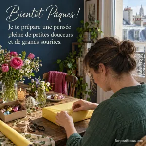 Une femme prépare un colis jaune entouré de chocolats de Pâques et de fleurs vives, avec le texte « Bientôt Pâques ! Je te prépare une pensée pleine de petites douceurs et de grands sourires. ».