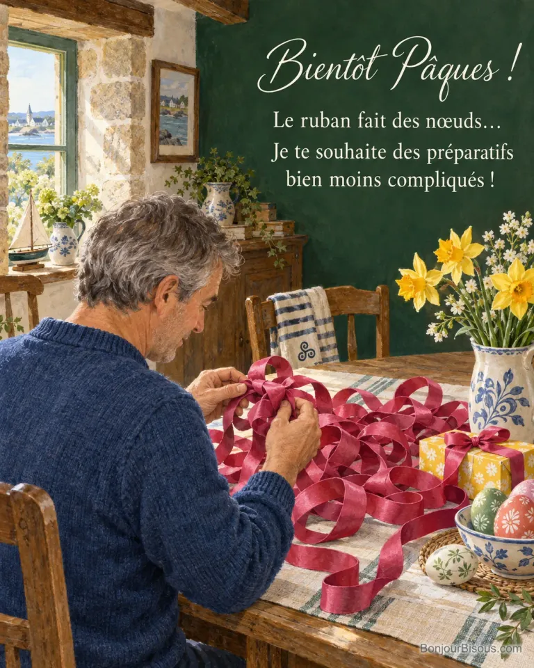Un homme démêle un long ruban framboise pendant les préparatifs de Pâques, avec le texte « Bientôt Pâques ! Le ruban fait des nœuds… Je te souhaite des préparatifs bien moins compliqués ! ».