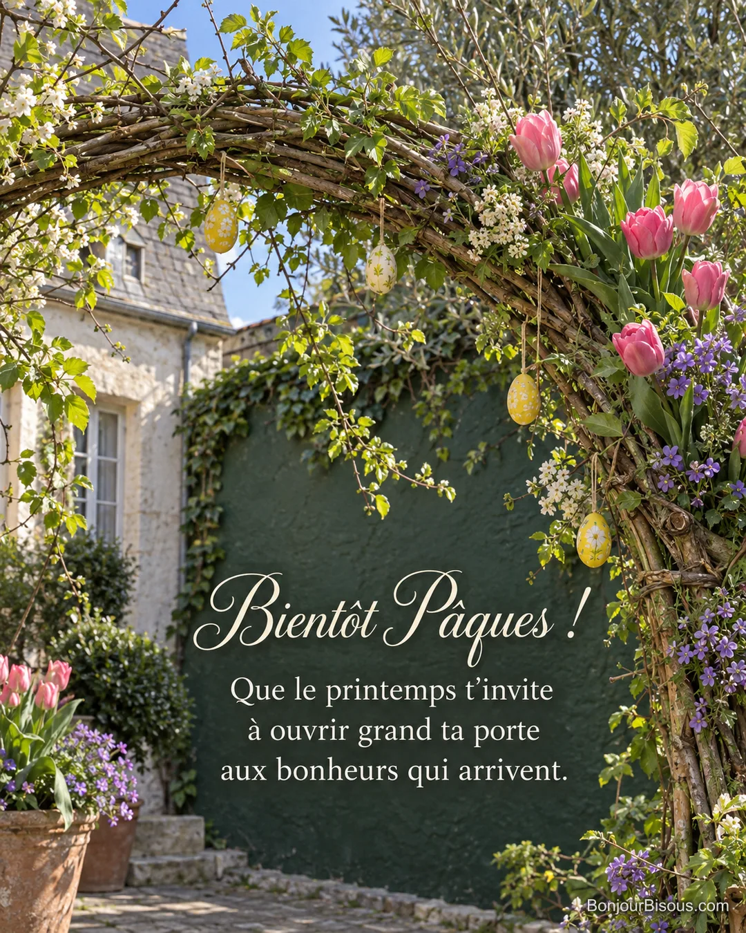 Une arche de noisetier fleurie de rose et de violet décore une cour pour Pâques, avec le texte « Bientôt Pâques ! Que le printemps t’invite à ouvrir grand ta porte aux bonheurs qui arrivent. ». Une arche de noisetier fleurie de rose et de violet décore une cour pour Pâques, avec le texte « Bientôt Pâques ! Que le printemps t’invite à ouvrir grand ta porte aux bonheurs qui arrivent. ».