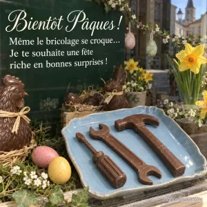 Un marteau, une clé et un tournevis en chocolat garnissent une vitrine de Pâques, avec le texte « Bientôt Pâques ! Même le bricolage se croque… Je te souhaite une fête riche en bonnes surprises ! ».