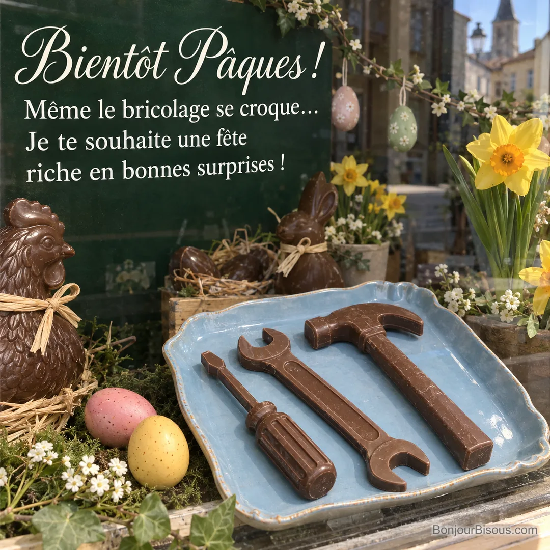 Un marteau, une clé et un tournevis en chocolat garnissent une vitrine de Pâques, avec le texte « Bientôt Pâques ! Même le bricolage se croque… Je te souhaite une fête riche en bonnes surprises ! ». Un marteau, une clé et un tournevis en chocolat garnissent une vitrine de Pâques, avec le texte « Bientôt Pâques ! Même le bricolage se croque… Je te souhaite une fête riche en bonnes surprises ! ».