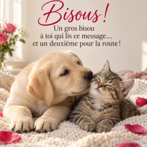 Photo d’un chiot labrador sable qui pose son museau sur la joue d’un chaton tigré, sur un plaid crème parsemé de pétales de roses, avec le texte « Bisous ! Un gros bisou à toi qui lis ce message… et un deuxième pour la route ! »